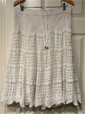 LUCKY & COCO Boutique Crochet White Midi Skirt Size L 100% Cotton Boho Festival
